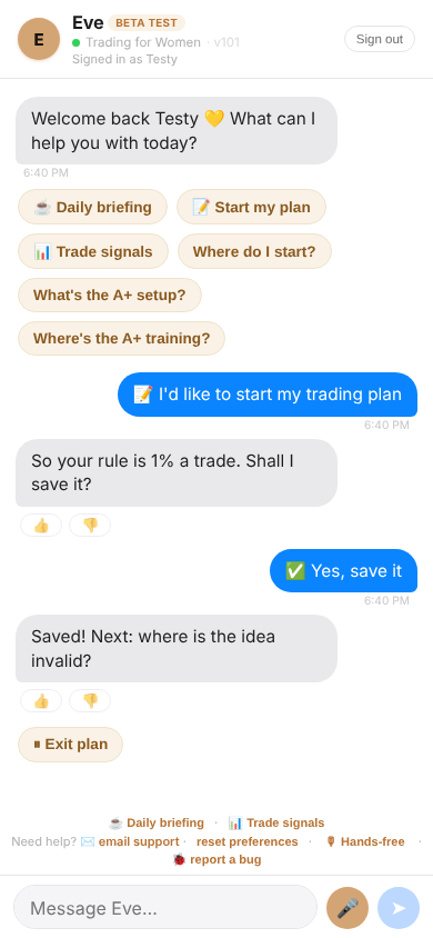 Eve confirming the rule is saved and asking the next question